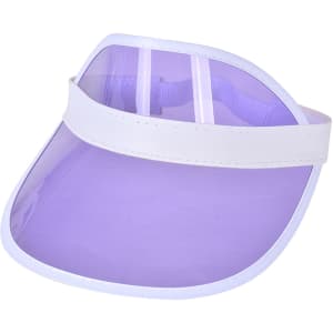 A purple PVC sunscreen hat with a wide transparent visor and a white strap. It features a logo on the side.