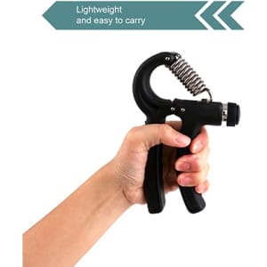 A black adjustable hand grip with a coiled spring, held in a hand, featuring a logo on the handle.