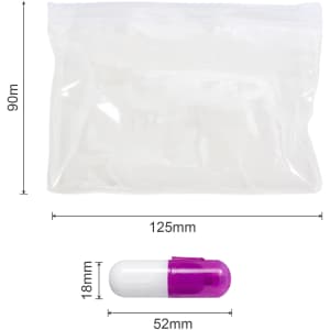 A clear pouch contains a purple and white capsule highlighter. The pouch measures 125mm by 90mm.