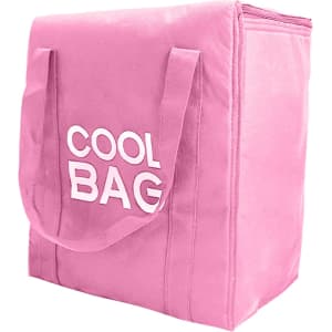 A pink non-woven cooler bag with sturdy handles and a logo on one side.