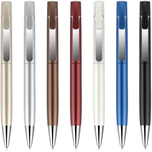 A collection of pens in silver, bronze, red, white, blue, and black, featuring a shiny spray finish and a logo.