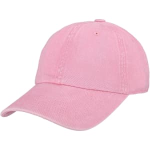 A pink Premium Washed Cotton Baseball Cap with a curved brim and adjustable strap at the back, featuring a logo.