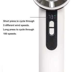 A high-speed cooling fan in white, featuring a control panel for adjusting wind speeds. The fan has a sleek design.