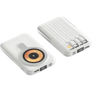 A white magnetic wireless power bank with a circular charging pad and multiple USB ports. It has a logo and LED display.