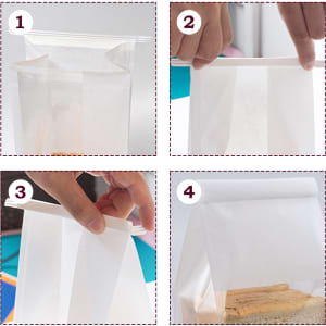 A sealing storage bag in white, with illustrations demonstrating its use in four steps. Features a logo.
