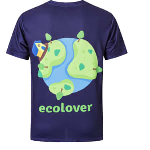 A unisex navy V-collar tee shirt featuring a graphic of a stylised Earth with trees and a house, along with the word "ecolover."