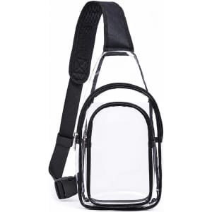 A clear PVC crossbody backpack with black accents and a single adjustable strap. Features a main compartment and smaller front pocket.