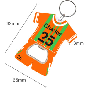 A drink bottle opener keyring shaped like an orange sports jersey with green stripes, featuring a metal opener.