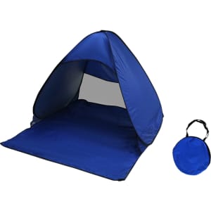A blue pop-up beach tent with a matching carry bag, featuring a spacious interior and a lightweight design.