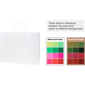 A white kraft paper bag with twisted handles. It features colour samples for white and brown kraft paper.