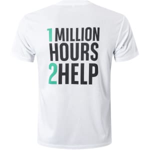 A white round-collar unisex T-shirt featuring a large printed message and a logo.