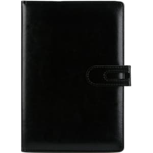 A black PU notebook with a front clasp closure, featuring a smooth leather-like finish and a branded logo.