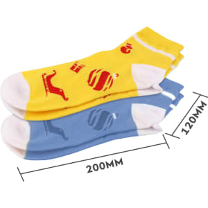 Ankle custom pattern woven socks in yellow and blue, featuring assorted playful designs and a logo.