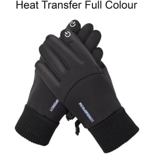 Black touchscreen winter gloves with ribbed wrist cuffs and a logo. They feature a smooth, sleek design.