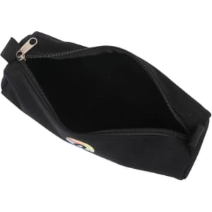 A black canvas pencil case featuring a zipper and an interior compartment, with a logo on the exterior.