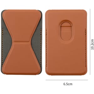 A brown PU MagSafe phone stand card holder, featuring a sleek design with a cutout and stitching details.