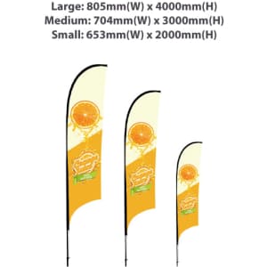 Three concave feather banners in orange and yellow, varying in size: large, medium, and small, with black poles.