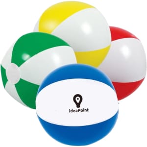 An assortment of inflatable beach balls in green, yellow, red, white, and blue, featuring a logo on one.