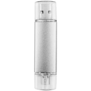 A silver double-ended flash drive with transparent ends, featuring a logo on one side.