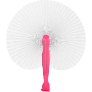 A peach-shaped plastic paper fan with a vibrant pink handle and a white fan surface. It features a simple design.