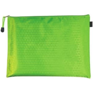 A bright green zip bag with a textured surface, featuring a zip closure and a small logo.