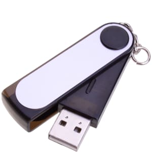 A black and white USB flash drive with a swivel design and a keychain attachment.