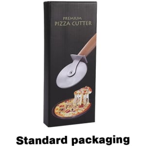 A pizza cutter wheel featuring a hand-carved wooden handle, presented in premium packaging.