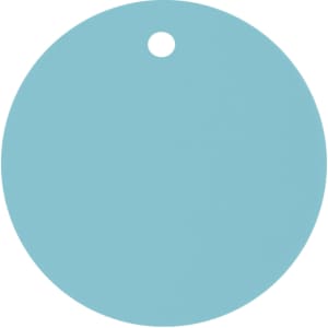 A round, light blue drink cover with a small hole at the top for attachment.