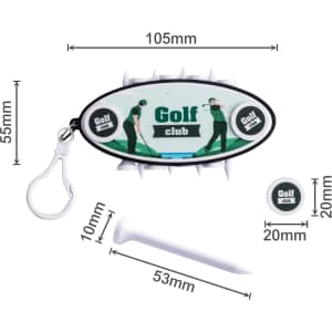 A golf tee set featuring a keyring, golf tee, and two markers with a green and white design.