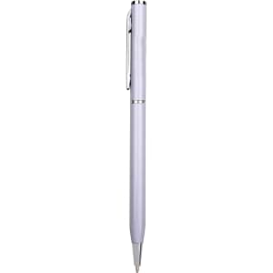 A silver aluminium cross pen with a sleek design and a chrome clip, featuring a branding logo.