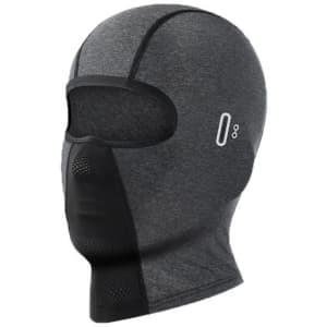 A grey breathable balaclava cycling face mask with a mesh panel and eye openings, featuring a logo.