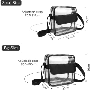 Clear shoulder crossbody bag with adjustable black strap. Available in two sizes, showcasing transparent material.