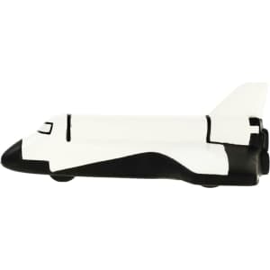 A shuttle-shaped stress reliever in white and black, designed for fun and relaxation. Features a logo.