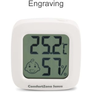 A mini digital thermometer and hygrometer in white, displaying temperature and humidity readings. It features a logo.