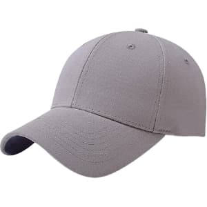 A grey cotton baseball cap with a hard top and an adjustable strap at the back, featuring a logo.