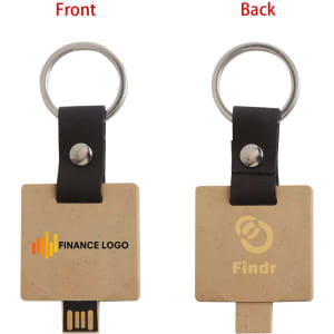 An eco-friendly flash drive keychain in beige with a ring attachment, featuring branding on one side and a USB connector.