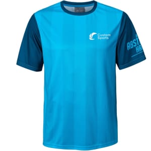 A blue and teal 100% polyester sublimated T-shirt featuring a logo on the front.