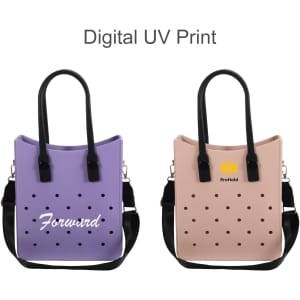 A purple tote bag with holes and black handles, alongside a pink tote bag with holes and black straps, both featuring logos.
