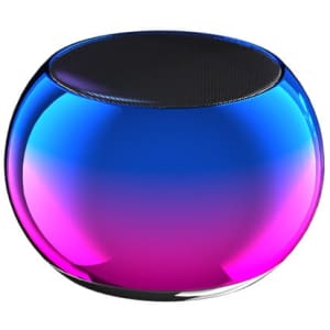A round, mini bass wireless speaker in a vibrant gradient of blue and pink colours with a black speaker top.