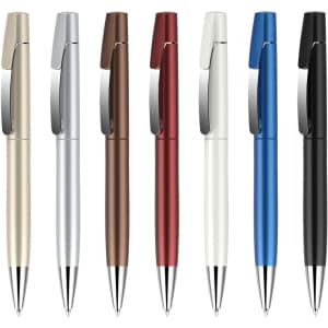 A selection of eight pens in gold, silver, bronze, white, red, blue, and black, featuring a logo.