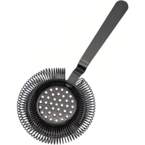 A round cocktail strainer in black, featuring a spiral design and a long handle. It has a circular shape with holes.