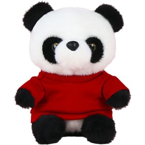 A panda plush toy wearing a red shirt, featuring soft white and black fur with large round eyes.
