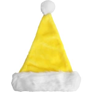 A plush Santa hat in bright yellow with a white faux fur trim and pom-pom at the top.