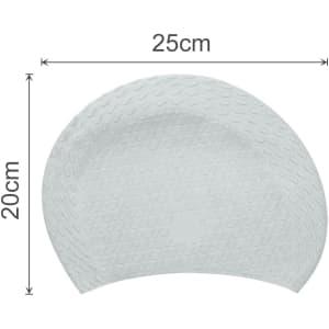A white silicone swimming cap featuring a textured surface, measuring 25 cm by 20 cm, with a logo.