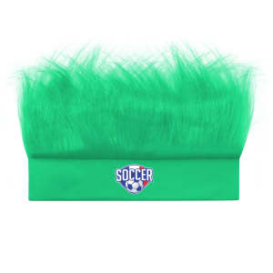 A green headband wig featuring fluffy hair and a logo, designed for soccer-themed events.