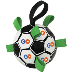 A dog soccer ball in black and white, featuring green grab tabs and a logo.