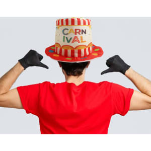 A vibrant red and white top hat with carnival-themed design and polka dots. It features a branding logo.