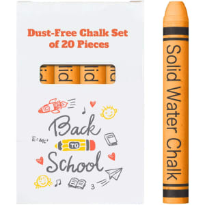 A box containing 20 sticks of orange dust-free chalk, with a logo and illustrations related to school.