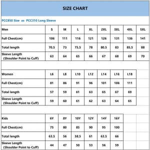 A size chart detailing measurements for unisex adults and children's long sleeve polos in various sizes.