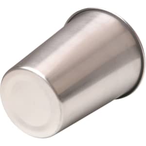 A stainless steel cup with a shiny finish, featuring a curved design and a logo on the side.